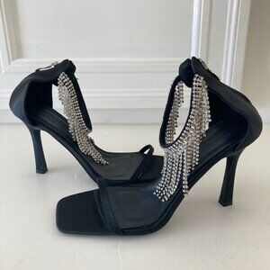 NWOT Billini Free People Barlow Black Bling Jeweled Fringe Heels